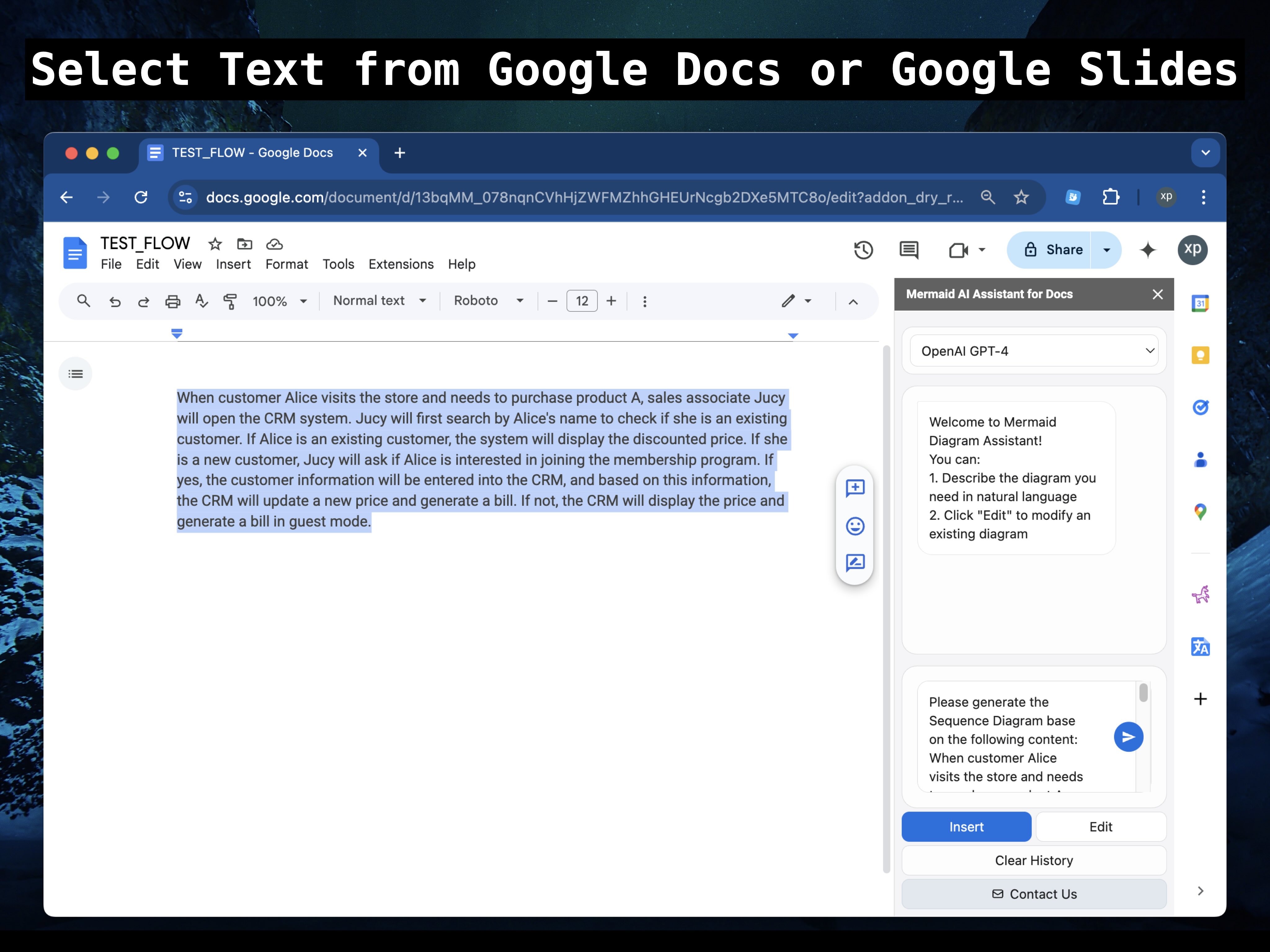 Selecting text in Google Docs and accessing AI Mermaid from the menu