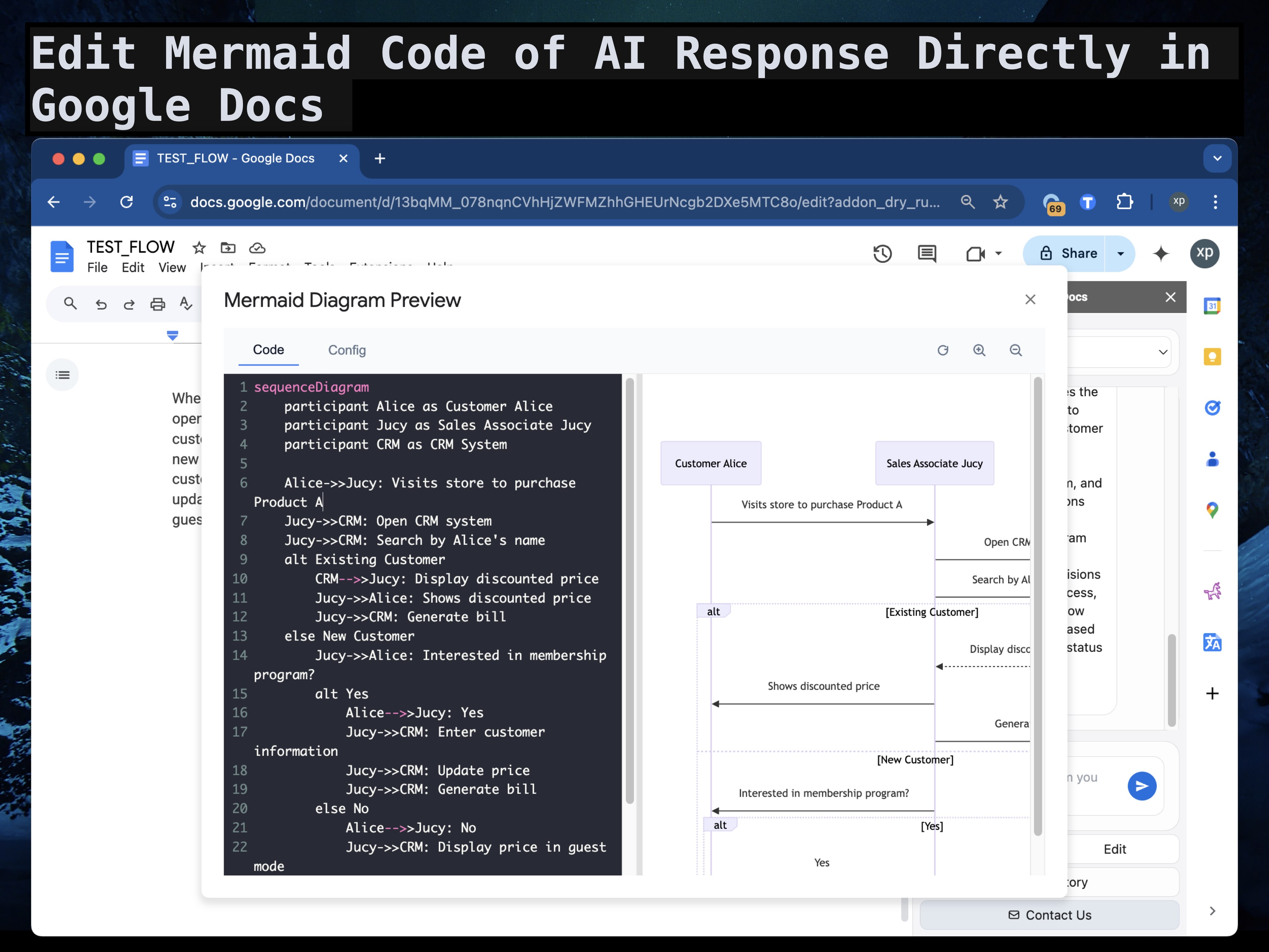 Editing Mermaid diagram code in the built-in editor