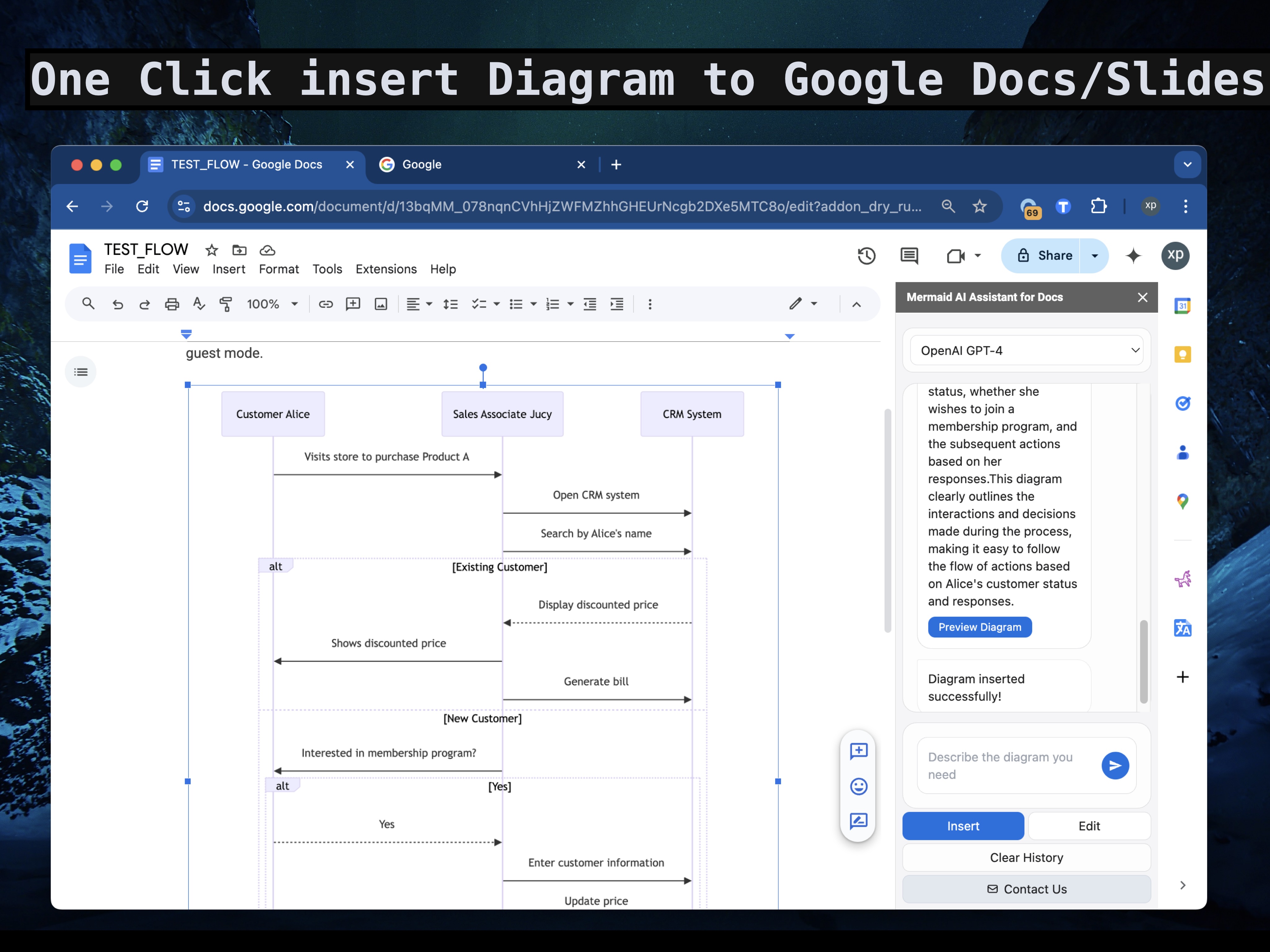 Inserting the completed diagram into Google Docs with one click